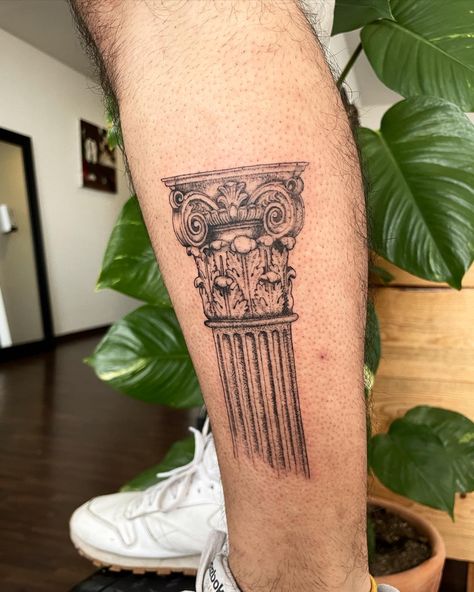 Corinthian Tattoo, Corinthian Column Tattoo, Greek Columns Tattoo, Historical Tattoos Ideas, Roman Column Tattoo, Greek Building Tattoo, Historic Tattoos, Greek Pillar Tattoo, Greek Architecture Tattoo