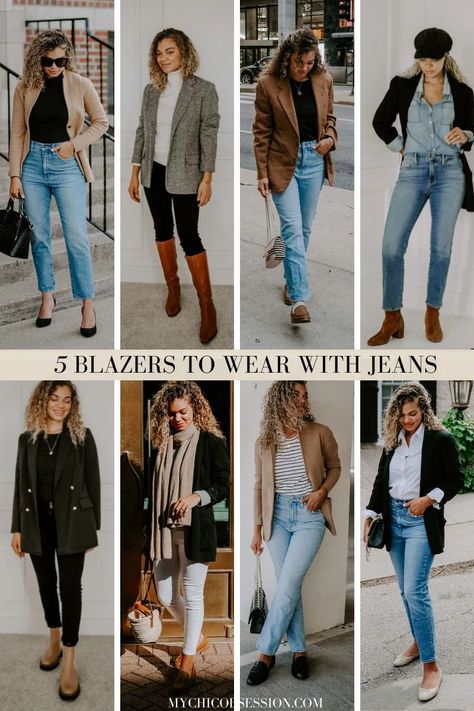 Outfits With Blazers For Women, Blazer Jeans Outfit Women, Blazers For Women Outfits, Houndstooth Blazer Outfit, Tweed Blazer Outfit, Stylish Jeans Outfit, Jeans Name, Jeans Blazer Outfit, Jeans Outfit For Work