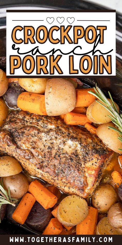 This Easy Ranch Pork Loin is such an easy family dinner idea with only a few ingredients and the crockpot does all the work! It's a meal-in-one with seasoned pork loin, carrots, and potatoes smothered in a buttery ranch sauce. Pork Loin Recipes Slow Cooker, Pork Tenderloin Crock Pot Recipes, Crock Pot Pork Tenderloin, Pork Tenderloin Dinner, Tenderloin Recipes Crockpot, Pork Loin Crock Pot Recipes, Pork Roast Crock Pot Recipes, Crockpot Pork Loin, Slow Cooker Pork Loin