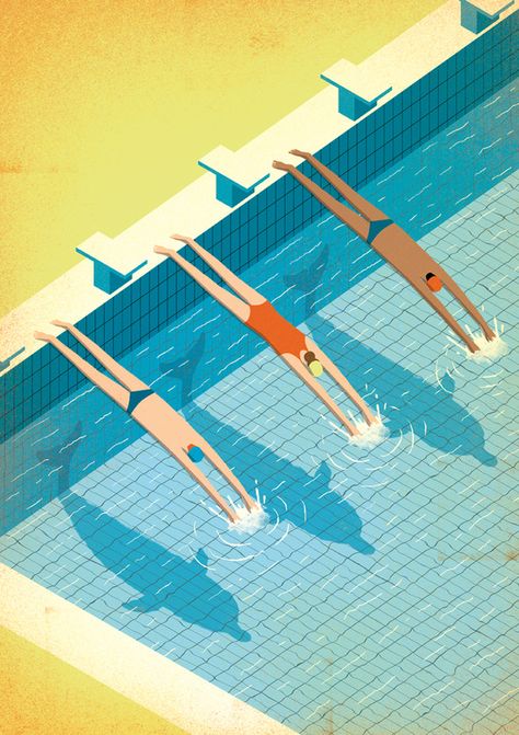 made by: Davide Bonazzi , illustration - (Dolphin men) Davide Bonazzi, Naive Illustration, Into The Water, 2d Design, Art Et Illustration, Swimmers, Illustrations And Posters, Editorial Illustration, Art Graphique