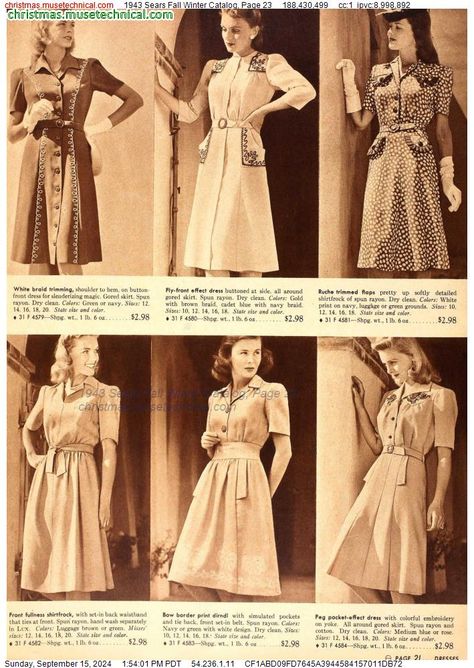 1943 Sears Fall Winter Catalog, Page 23 - Catalogs & Wishbooks 1940s Winter Fashion, 1940s Woman, Sears Catalog, Fabric Sewing Patterns, 1940s Dresses, 1940s Fashion, Dresses For Teens, Lingerie Sleepwear, Formal Wear