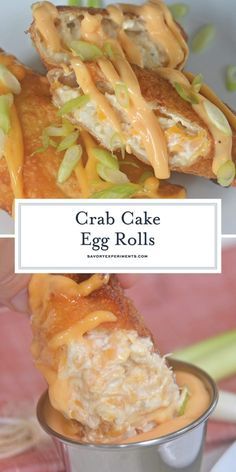 Creamy jumbo lump crab meat and cheese stuffed in a crunchy egg roll wrapper, gently fried and topped with spicy Old Bay aioli. #crabcakeeggrolls #jumbolumpcrab www.savoryexperiments.com Frozen Crab Cakes, Egg Roll Wrapper, Crab Eggs, Jumbo Lump Crab, Lump Crab Meat, Crab Meat Recipes, Crab Dishes, Creamy Crab, Lump Crab