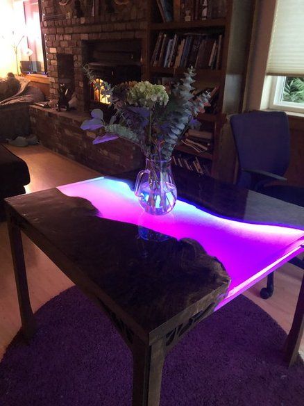 Glowing LED Resin River Table with Tutorial Led Resin, Diy Resin Table, Epoxy Wood Table, Wood Resin Table, Resin River Table, Wood Table Design, Epoxy Resin Table, River Table, Resin Furniture