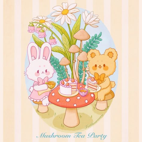 Mushroom Tea Party, Faith Varvara, Kawaii Tea Party, Tea Party Illustration, Goodnote Cover, Cute Animal Food, Bonnie Bunny, Kawaii Pastel Aesthetic, Mushroom Cottagecore