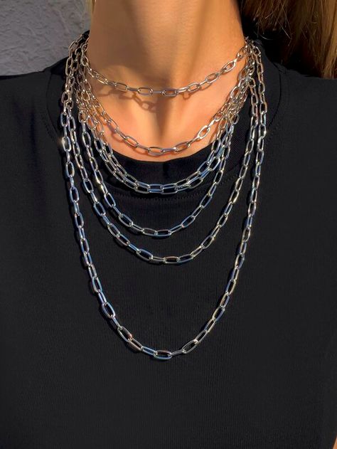 4pcs Layered Chain Necklace | SHEIN South Africa Necklace Layering Silver, Goth Necklace, Layered Chain Necklace, Layered Chain, Goth Jewelry, Multi Layer Necklace, Punk Jewelry, Layered Chains, Chain Necklaces