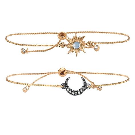 Celebrate how you and your friend complement each other by wearing the sun and moon charms.FEATURES• Set of 2 bracelets• One bracelet has a goldtone sun charm and faux center stone; the other bracelet has a rhinestone-embellished, hematite-plated crescent moon charm• Goldtone with faux-stone accents• Pull-tie adjusts to fit mostMATERIALS• Shiny goldtone plating• Hematite platingCAREUse a standard jewelry cleaner.Imported Moon Friendship Bracelet, Sun And Moon Friendship, Moon Accessories, Moon Bracelet, Magical Jewelry, Avon Jewelry, Moon Jewelry, Jewelry Repair, Fantasy Jewelry