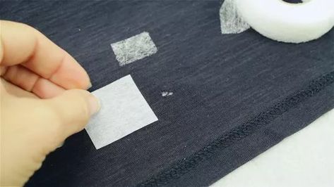 How to Fix a Hole in Jersey Knit Fabric: 11 Steps (with Pictures) Mending Jersey Fabric, How To Fix Small Hole In Tshirt, How To Fix A Hole In A Shirt, Clothing Mending, Shirts With Holes, Patch Hole, Stitch Witchery, Sewing Alterations, Jersey Knit Dress