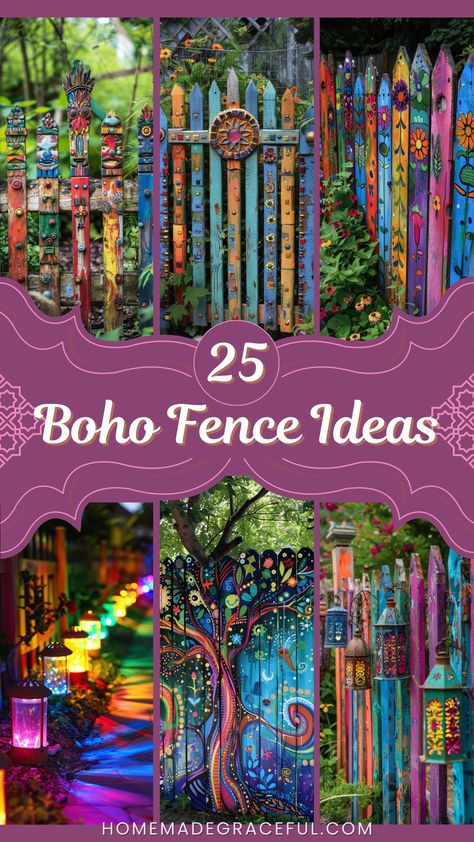 boho fence ideas Unique Fence Design, Unique Backyard Fence Ideas, Back Fence Decorating Ideas, Painting Privacy Fence Ideas, Cheap Fencing Ideas Budget, Decorate A Fence Ideas, Decorate Fence Ideas, Outdoor Accent Wall Ideas, Wooden Garden Fence Ideas