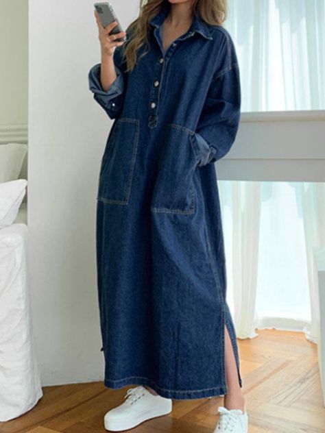 none Casual Denim Shirt, Midi Jeans, Denim Outfits, Womens Denim Dress, Denim On Denim, Autumn Casual, Muslimah Fashion Outfits, Denim Shirt Dress, Elegant Dresses For Women