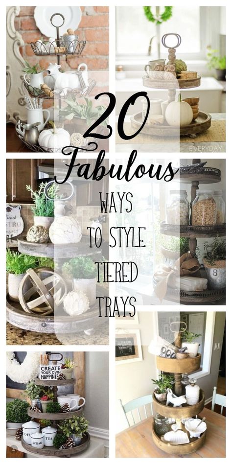 Hey guys!!!  I have got an awesome round up for you today!  I have recently been redoing my den, we moved in 2 years ago and never touched it.  It is the first room you walk into and we just starting dumping our purses and bags in there and it was bad.  The walls were … Coffee Background, Tray Styling, Dekor Diy, Ideas Hogar, Tiered Stand, Tiered Trays, Country Farmhouse Decor, Tiered Tray Decor, Interior Design Tips