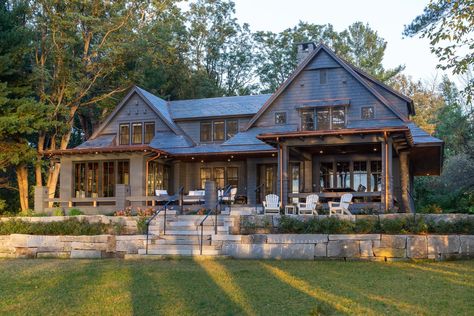 Sunken Patio, Shingle Style Homes, Lake House Plans, Lake Champlain, Rustic Home Design, Lakefront Homes, Lake Cottage, Red House, River House