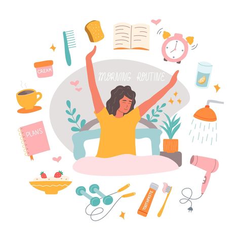 Morning routine consists of coffee mug, an alarm clock, breakfast, daily planner, shower. The girl in the bed stretches with smile on her face. Vector illustration in flat style Bed Stretches, Miracle Morning Routine, Habit Stacking, Ayat Alkitab, Smile On, Flat Style, Cute Illustration, Fashion Flats, Daily Planner