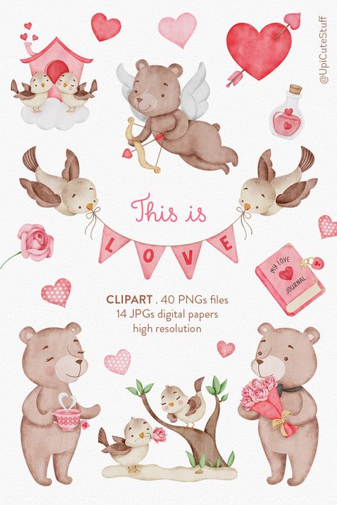 This clipart with cute elements will help you create beautiful decorations, personalize your gifts and labels with that touch of affection. You can also use clipart and digital papers to create scrapbooking projects, postcards, mugs, stamp a pillow and much more. Valentines Day Clipart, Beautiful Decorations, Bear Clipart, Valentine Clipart, Baby Fabric, St Valentin, Digital Watercolor, Photo Filter, Digital Papers