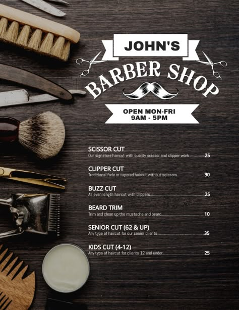 Design created with PosterMyWall Barber Shop Price List Design, Barber Flyer Design, Barbershop Price List, Barber Price List, Barber Shop Poster, Barber Shop Pictures, Barbershop Poster, Barber Poster, Clipper Cut