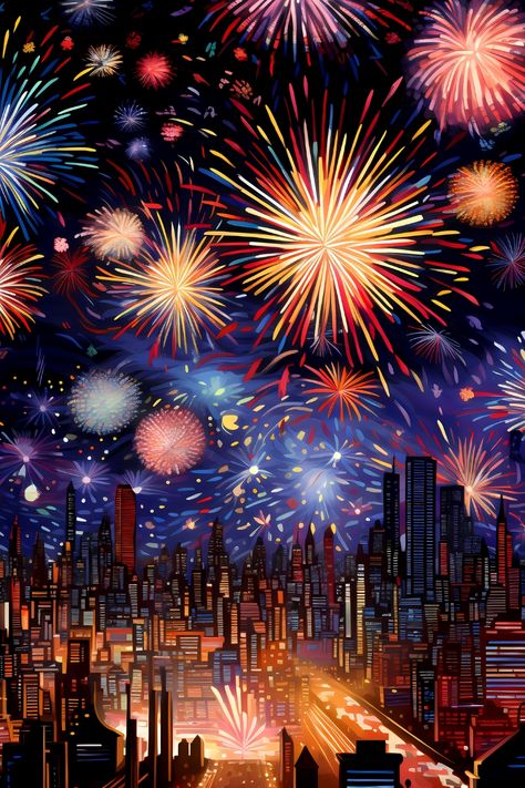 #phonewallpaper #free #abstractart #aidigitalart #digitalprint #aiart #aigeneratedart #midjourney #walldecor #dorm #homedecor #abstract #wallart #fireworks #celebrate #anniversary #cityscape Fireworks Paintings, New Year Ball Drop, Fireworks Landscape, Fireworks Illustration, How To Draw Fireworks, Celebration Art, Firework Painting, Diwali Greeting, Fireworks Art