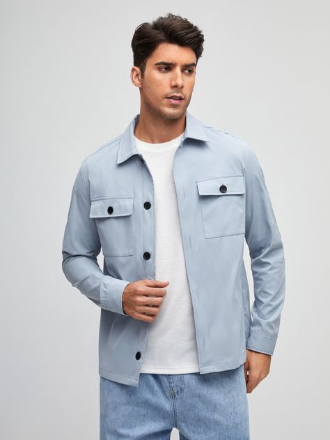 Baby Blue Casual  Long Sleeve Polyester Plain Other Embellished Non-Stretch Spring/Fall Men Outerwear Light Blue Jacket Outfit, Blue Jacket Outfits Men, Shirt Jacket Outfit, Soft Summer Fashion, Blue Outfit Men, Blue Jacket Men, Men Outerwear, Light Blue Jacket, Shein Men