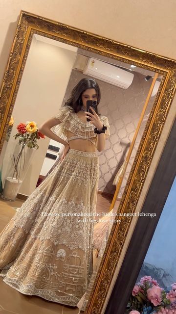 Isa by Dolly Wahal on Instagram: "The beauty of personalization 💕   We hand embroidered Isa bride Sanjana’s sangeet lehenga with precious moments from her love story.  From their first date over shared pretzels to their first trip to Hawaii, the lehenga is an ode to the couple’s fairytale romance. How gorgeous are these details ✨  Would you guys would also like to personalize your wedding lehenga ?" Sangeet Lehenga, Fairytale Romance, Trip To Hawaii, Embroidered Lehenga, Wedding Lehenga, Wedding Story, First Date, Hawaii Travel, Pretzels