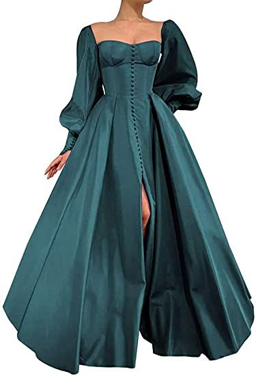 Grad Dress With Sleeves, Forest Green Prom Dress Long Sleeve, Cottagecore Prom Dress Green, Green Formal Dresses Long Sleeve, Elegant Formal Dresses Long, Nyx Acotar, Prom Dresses Princess, Satin Prom Dress Long, Sleeve Prom Dresses