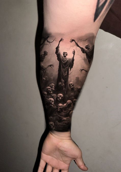 Demon Leg Sleeve Tattoo, The Evil Within Tattoo, Devil Sleeve Tattoo, Hades Underworld Tattoo, Dark Creepy Tattoos, Dark Demon Tattoo, Swat Tattoos, Half Hand Tattoo Men, Gothic Horror Tattoo