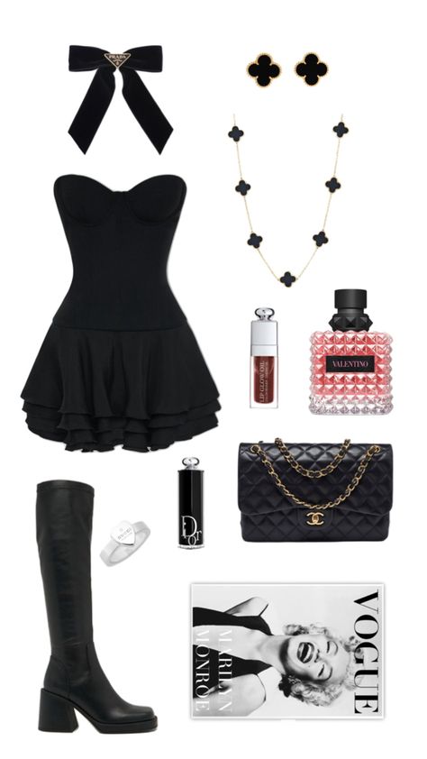 black dress night going out aesthetic prada bow college clean girl party van cleef and arpels valentino  chanel vogue dior black boots lop oil purse hangbag aesthetic Going Out Aesthetic, Aesthetic Prada, Party Van, Prada Outfits, Chanel Vogue, Prada Dresses, Out Aesthetic, Prada Dress, 2000s Clothes