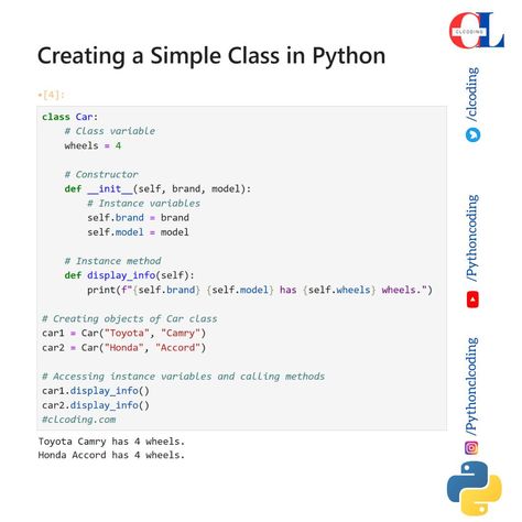 Python Classes with Examples Syntax of a Python Class: Creating a Simple Class in Python Code: https://www.clcoding.com/2024/04/mastering-python-classes-comprehensive.html Python Notes, Coding Notes, Python Cheat Sheet, Python Projects, Coding In Python, Electrical Engineering Projects, Python Coding, Python Code, Web Development Programming