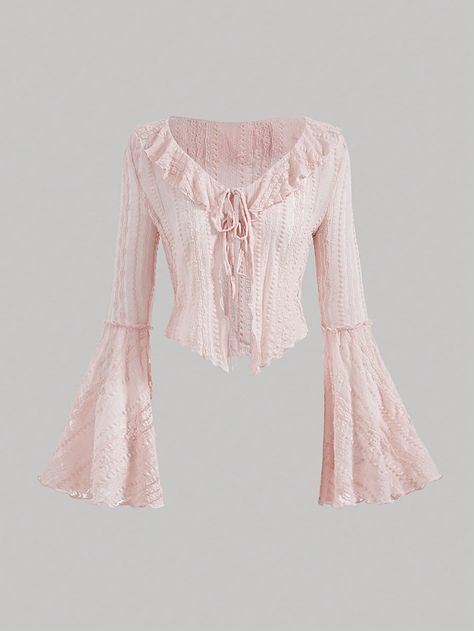 Baby Pink Casual Collar Long Sleeve Knitted Fabric Plain  Embellished Medium Stretch  Women Clothing Ropa Shabby Chic, Puff Long Sleeve Top, Stile Boho Chic, Mode Rose, Shabby Chic Clothes, Ruffle Trim Top, Pink Lace Tops, Flared Sleeves Top, Elegant Dresses Classy