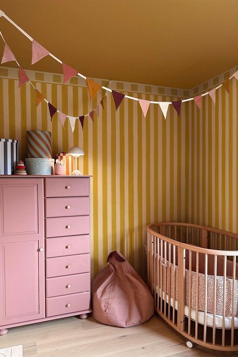 Yellow Ceiling Nursery, Two Tone Kids Room, Striped Nursery Walls, Colourful Panelling, Whimsical Kids Bedroom, Bold Nursery Ideas, Yellow Toddler Room, Whimsical Bedroom Kids, Colourful Baby Room