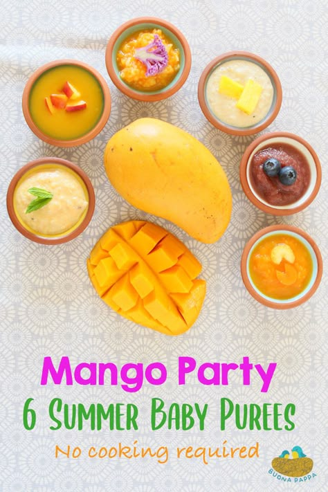 6 mango baby purees original combos that do not require any cooking, ready in 10 min. Healthy, nutritious and so tasty that my kids (6 and 8) enjoy them as smoothies :-) Mango Baby Puree, Mango Puree Baby, Fruit Puree Recipes Baby, Mango Puree Recipe, Mango Baby Food, Baby Mango, Baby Food Guide, Baby Purees, Baby Food Combinations