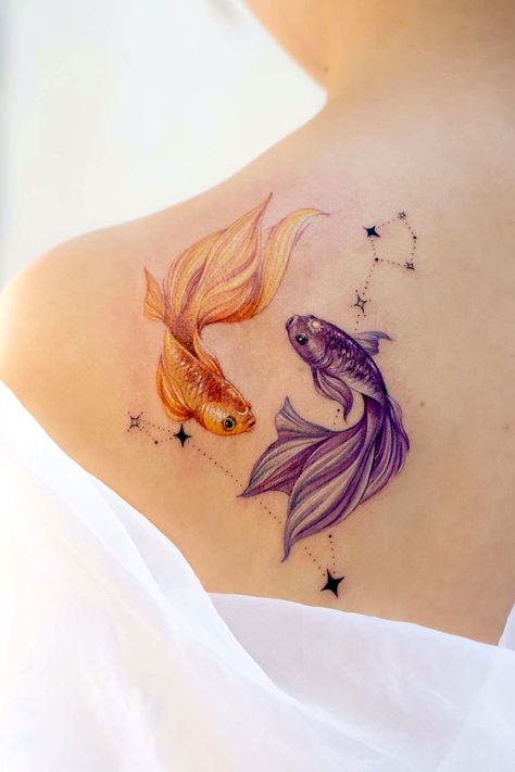 Pisces Tattoo Ideas, Unique Pisces Tattoos, Pisces Fish Tattoos, Betta Fish Tattoo, Goldfish Tattoo, Pisces Tattoo Designs, Pisces Tattoo, Horoscope Tattoos, Pisces Tattoos