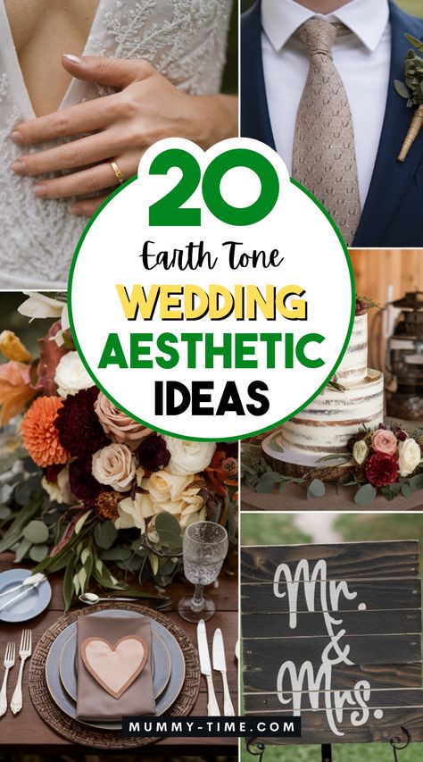 Transform your wedding into a serene oasis with earth tones! 🌾🍂 Dive into 17 aesthetic ideas that celebrate nature's palette, from rustic centerpieces to warm lighting. Perfect for creating a unique and intimate atmosphere. Save this pin for endless inspiration on your wedding journey! May Wedding Colors Spring, Earth Tone Wedding Theme, Earthy Wedding Theme, Wedding Aesthetic Ideas, May Wedding Colors, Oct Wedding, 17 Aesthetic, Navy And Burgundy Wedding, Boho Wedding Colors