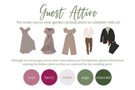 Wedding Invite Outfit, Cocktail Dress Garden Party, Color Coded Wedding Guests, Garden Semi Formal Attire, Wedding Guest Colour Code, Wedding Reception Attire For Guests, Wedding Guest Color Dress Code Card, Debut Guest Outfit Ideas Semi Formal, Wedding Shower Dresses Guest