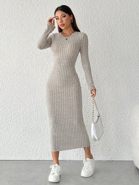 Khaki Casual Collar Long Sleeve Knitted Fabric Plain  Embellished Medium Stretch  Women Clothing Woolen Dress For Women, Woolen Dresses, Maternity Outfits, Long Sleeve Knit, Women Dresses, Maternity Clothes, Dress P, Sleeve Dress, Women Clothing