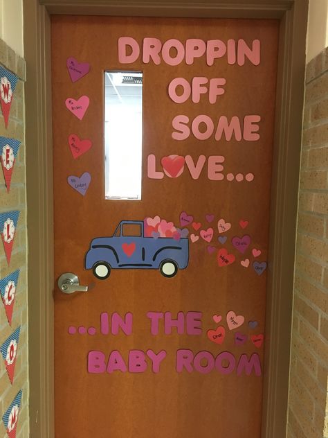 Valentines Infant Classroom Door, February Bulletin Board Ideas Infants, Door Decorations For February, Valentine’s Door Preschool, Valentine Bulletin Board Ideas Toddlers, Nursery Valentines Ideas, Valentines Window Display Classroom, Christmas Decor Ideas For Infant Classroom, February Daycare Door Ideas