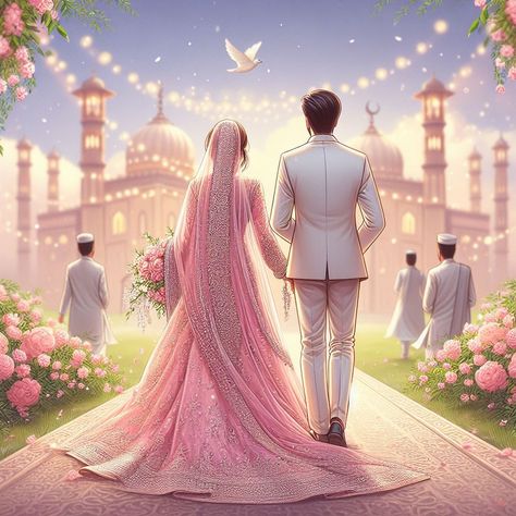 Indian Wedding Digital Art, Muslim Couple Illustration Wedding, Animated Bride, Wedding Art Illustration, Nikah Ideas, Faceless Painting, Wallpapers Couple, Animation Pic, Islamic Family