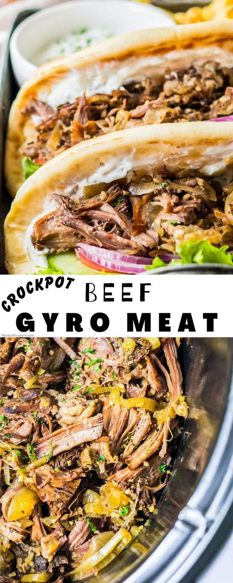 Slow Cooker Gyros Beef, Roast Beef Gyros, Greek Pot Roast, Pot Roast Gyros, Roast Beef Gyro Recipe, Summer Roast Beef, Crockpot Gyros Beef, Gyro Crockpot Recipe, Slow Cooker Beef Gyros