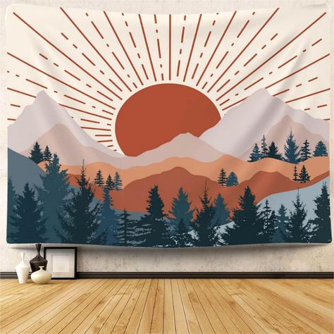 PRICES MAY VARY. 🌄【SIZE】: 59 inches × 51 inches/ 150 x 130cm 🌄【MATERIAL】: This sunset tapestry is made of high quality polyester fabric, which is skin-friendly, soft, lightweight, durable and fade-less,easy to clean and dry. 🌄【EASY USE & CARE】: The tapestry comes with a mounting kit (including two hooks, two nails, and four double-sided foam tape), making it very convenient to hang. It is recommended to wash hands or machine wash with cold water and iron at a lower temperature. 🌄【ORIGINAL DE Sun Tapestry, Sunset Tapestry, Mountain Tapestry, Tapestry Vintage, Mountain Forest, Hang Over, Vintage Aesthetic, Rock Painting, Pharmacy Gifts