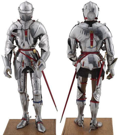 AN EXCEPTIONAL MINIATURE FULL ARMOUR BY PETER WROE, MODELLED ON A MILANESE ARMOUR OF CIRCA 1453-56. Correctly articulated and leathered throughout, including armet with reinforcing-bevor, the visor moving on hinged pivots, breast- and back-plates of two- and three-part construction respectively, full arm and leg defences,  detachable spurs with rotating rowels, rondel dagger, arming sword,  23 7/8in (60.7cm) Knight Suit, Suit Of Armour, 15th Century Armor, Costume Armour, Century Armor, Larp Armor, Historical Armor, Armadura Medieval, Historical Reenactment