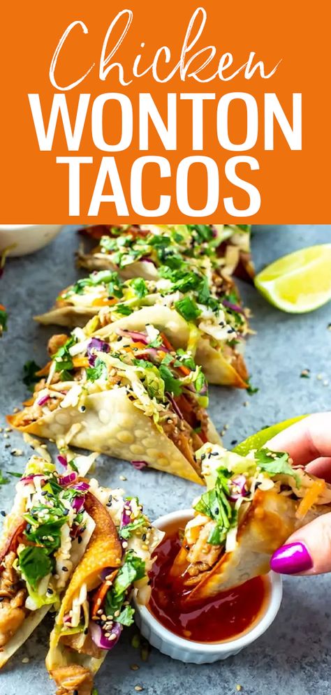 Chicken Wonton Tacos, Wonton Tacos, Chicken Wontons, Wonton Recipes, Think Food, Chicken Dishes Recipes, Asian Dishes, Chicken Dinner Recipes, Chicken Dinner