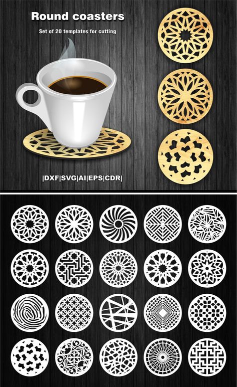 Free Laser Cut Files, Laser Cut Templates, Laser Cut Coaster, Laser Cut Wood Crafts, Laser Engraved Ideas, Tea Coaster, Laser Art, Round Coasters, Cricut Files