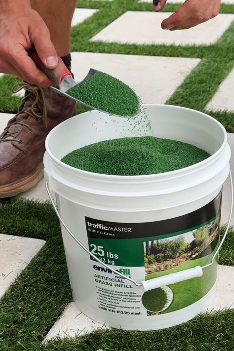 How to Install Artificial Turf Between Pavers: A Step-by-Step Guide - Blushing Bungalow | So Cute You'll Blush ☺️ Artificial Turf With Pavers, Stone And Grass Patio, Travertine Pathway, Turf Between Pavers, Artificial Turf Backyard Ideas, Turf Walkway, Garden Floor Ideas, Turf Backyard Ideas, Grass Pavers Driveway