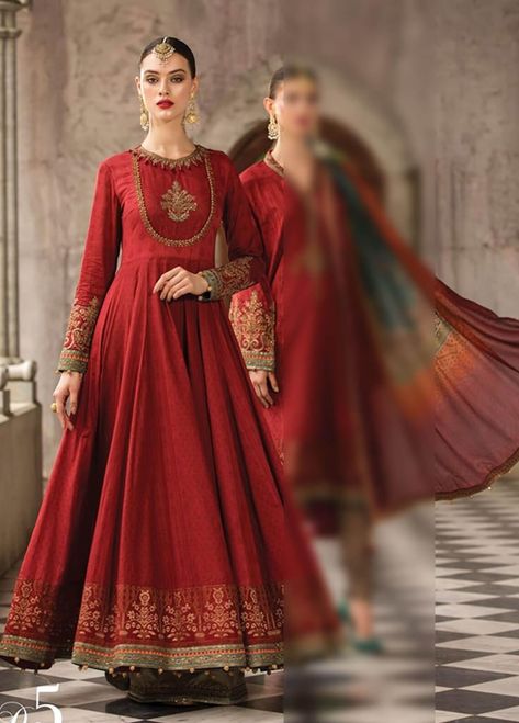 Maria B Embroidered Lawn Unstitched 3 Piece Suit MBE19L 605 - Eid Collection Red Dress Design, Maria B Lawn, Shadi Dresses, Pakistani Dresses Casual, Pakistani Fashion Party Wear, Salwar Kamiz, Indian Gowns Dresses, Maria B, Kurti Designs Party Wear