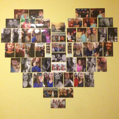 Did this in my room today! Photos On Wall, Heart Photo Walls, Photo Walls Bedroom, Friends Collage, Photo Walls, Aesthetic Diy, Couple Picture, Wall Of Fame, Heart Photo