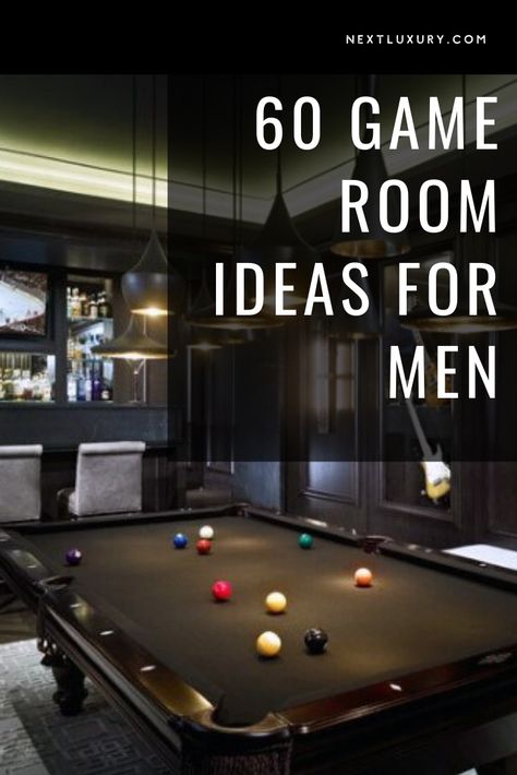 Dark Man Cave Basement, Modern Game Room Ideas Luxury, Modern Man Cave Design, Shed Game Room Ideas, Soccer Man Cave, Game Room Furniture Ideas, Home Pool Table Room Ideas, Pool Room Decor Ideas, Game Room Seating Ideas