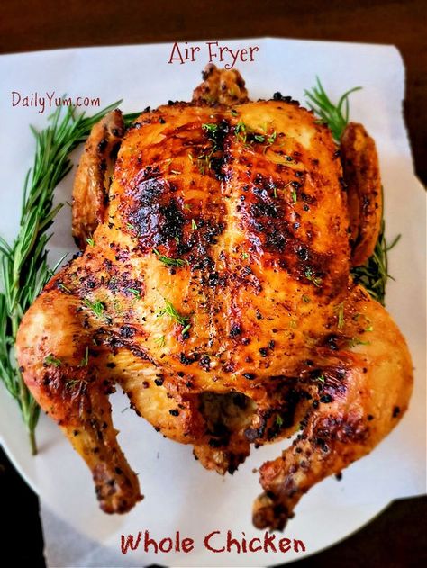 60-Minute Crispy and Juicy Whole Chicken in Air Fryer - Daily Yum Whole Chicken In Air Fryer Oven, Full Chicken Air Fryer Recipes, Airfryer Whole Chicken Rotisserie, Whole Air Fryer Chicken, Full Chicken In Air Fryer, Whole Chicken Air Fryer Recipes, Air Fryer Roast Chicken Whole, Airfryer Whole Chicken, Air Fry Whole Chicken