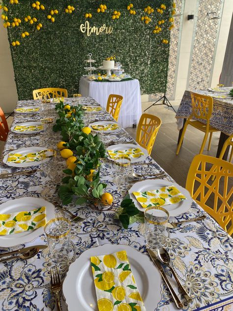 Lemons, Amalfi Tiles, Positano, Sicilian Party Sicilian Table Decor, Sicilian Party Decoration, Sicily Party Theme, Sicilian Birthday Party, Capri Lemon Decor, Italian Lemon Aesthetic, Positano Italy Themed Party, Florence Themed Party, Medditeranean Party Theme