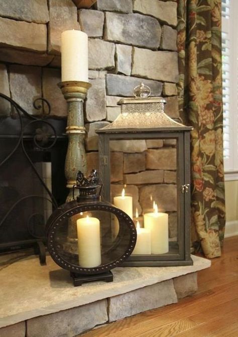 Easy living room fireplace & mantel decorating ideas using flameless LED battery operated candles, tea lights, votives, lanterns and other products to achieve an elegant everyday hearth display & wow your guests. Candles Mantle, Decorate Mantle, Candles Fireplace, Decorate Fireplace, Decorating Fireplace, Decorate A Fireplace, Mantle Decorating, Fireplace Decorations, Candles In Fireplace