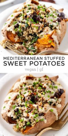 Mediterranean Quinoa, Smoothies Vegan, Sweet Potatoes Recipe, Pasta Vegetariana, Stuffed Sweet Potatoes, Comidas Fitness, Simply Quinoa, Resep Diet, Vegan Sweet Potato