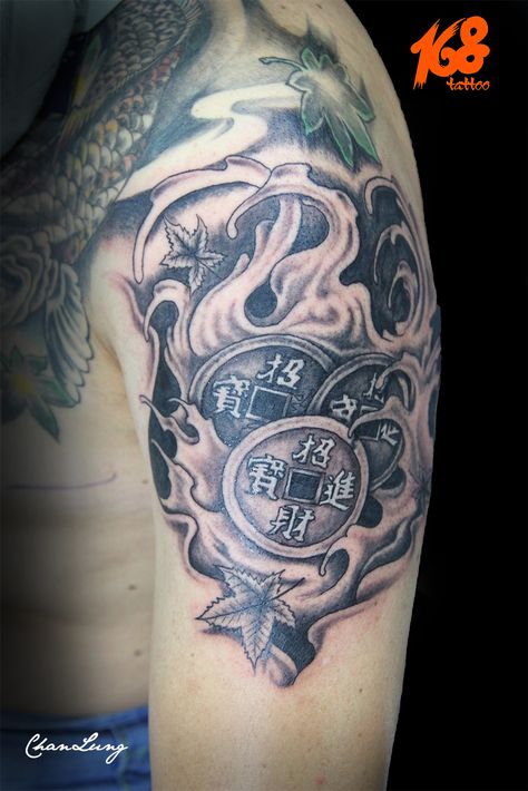 luck Chinese coin tattoo Chinese Coin Tattoo, Japanese Coin Tattoo, Coin Tattoo, Wrap Around Wrist Tattoos, Chinese Coin, Tattoo Inspiration Men, Asian Tattoos, Tattoo Artwork, Cool Tattoos For Guys