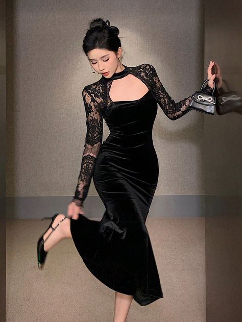 Women's Velvet Lace Patchwork Long Sleeve Midi Party/Back-To-School Dress Black Elegant  Long Sleeve Velvet Colorblock,Plain Bodycon Medium Stretch Spring/Fall Women Clothing, size features are:Bust: ,Length: ,Sleeve Length: Maxi Dress Velvet, Black Dress Long Sleeve Elegant, Long Black Dress Formal Classy, Witchy Wedding Guest Dress, Long Sleeve Black Lace Dress, Velvet Dress Midi, Black Velvet Dress Long, Velvet Dresses For Women, Long Black Velvet Dress