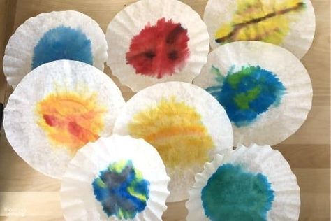 Coffee Filter Planets Suncatchers Fall Leaves Activities, Afterschool Program, Coffee Filter Art, 3d Solar System, Space Crafts For Kids, Washable Markers, Coffee Filters, How To Make Coffee, Coffee Filter